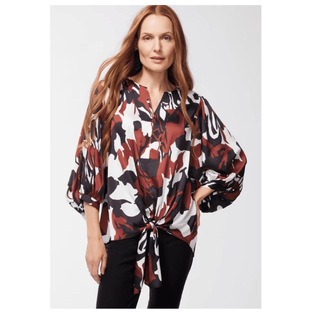 Chico's Satin Floral Tie-Front Shirt Sable Brown Size 2/L Dolman Sleeve Blouse